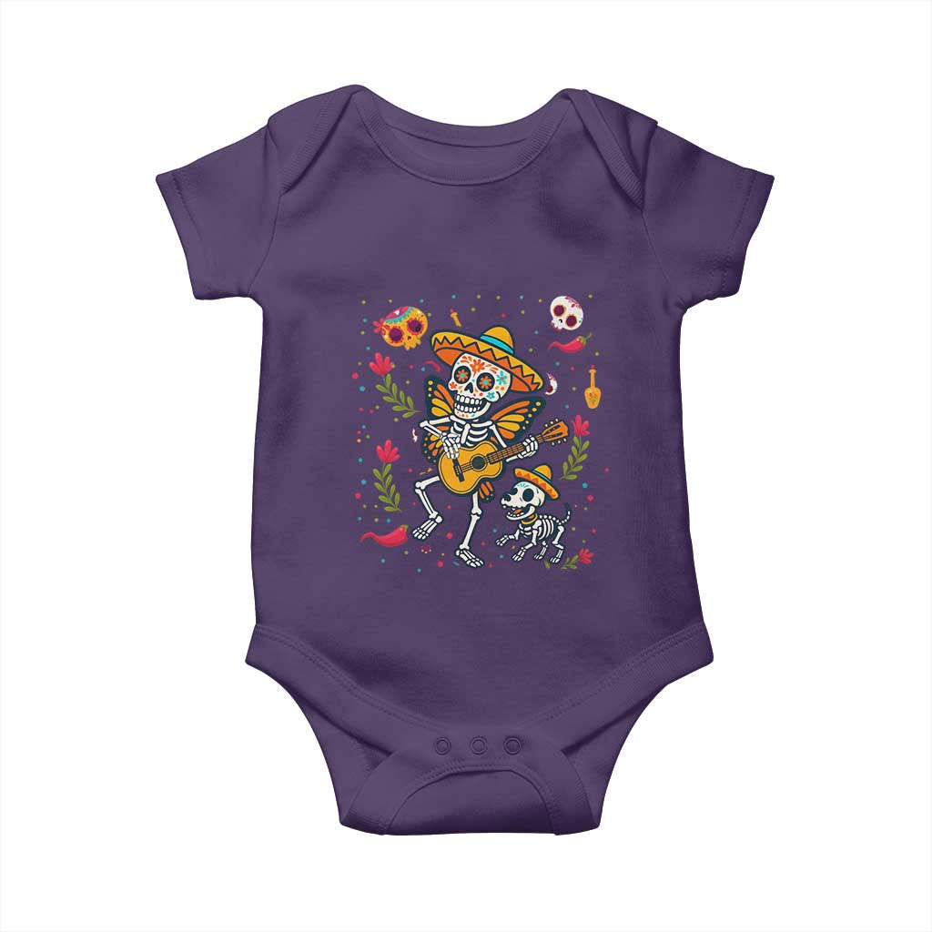 Day Of The Dead Skeleton Baby Onesie Playing Guitar With Dog Mexican Festival - Wonder Print Shop