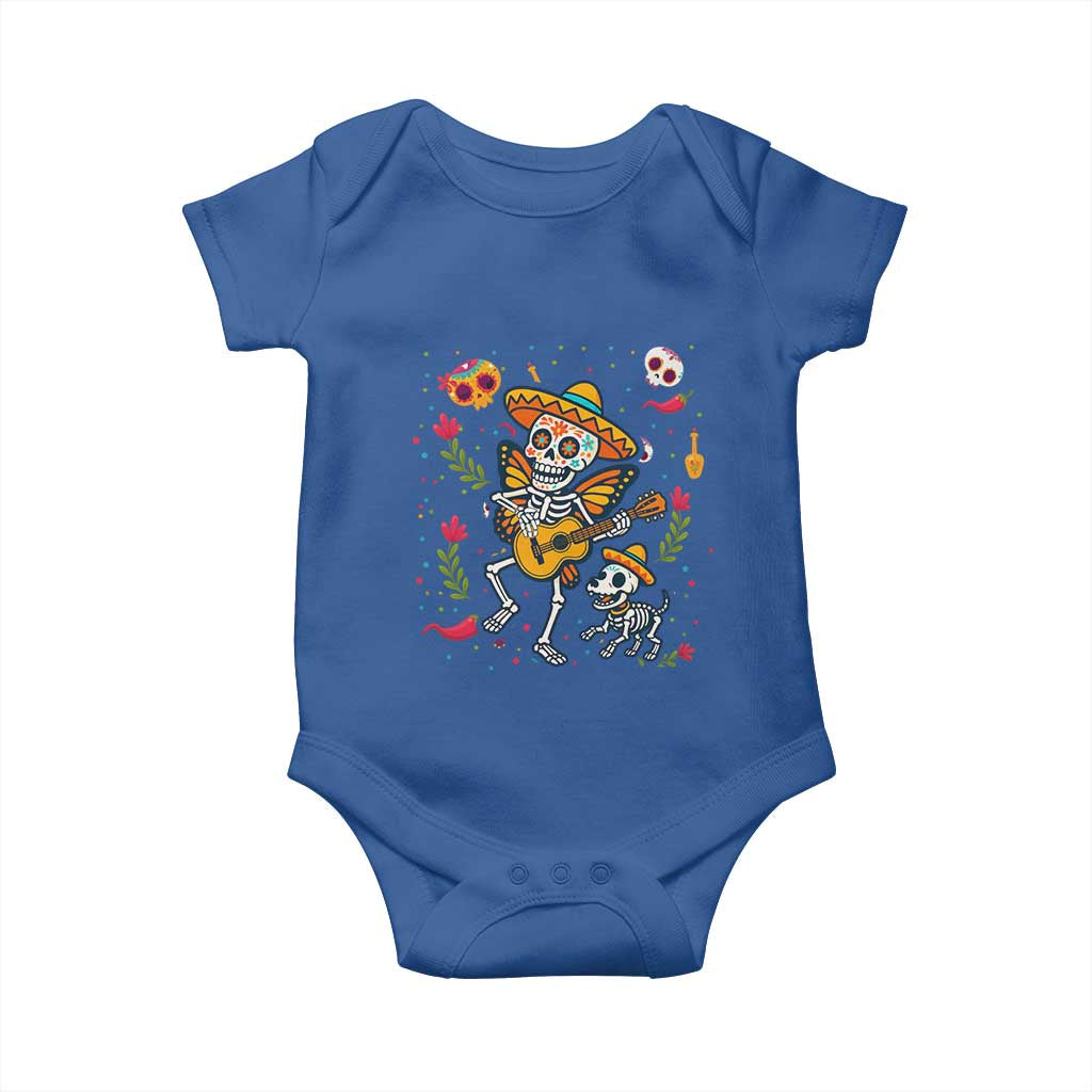Day Of The Dead Skeleton Baby Onesie Playing Guitar With Dog Mexican Festival - Wonder Print Shop