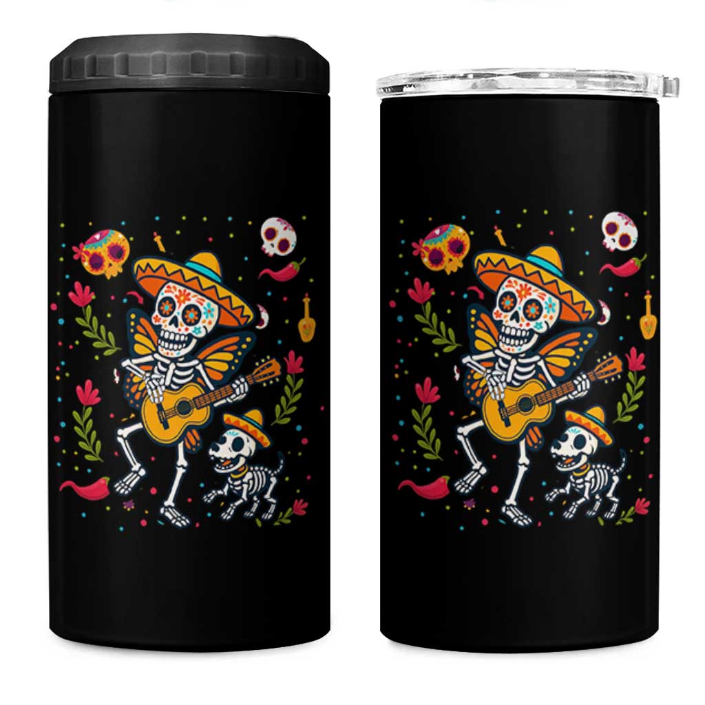 Day Of The Dead Skeleton 4 in 1 Can Cooler Tumbler Playing Guitar With Dog Mexican Festival