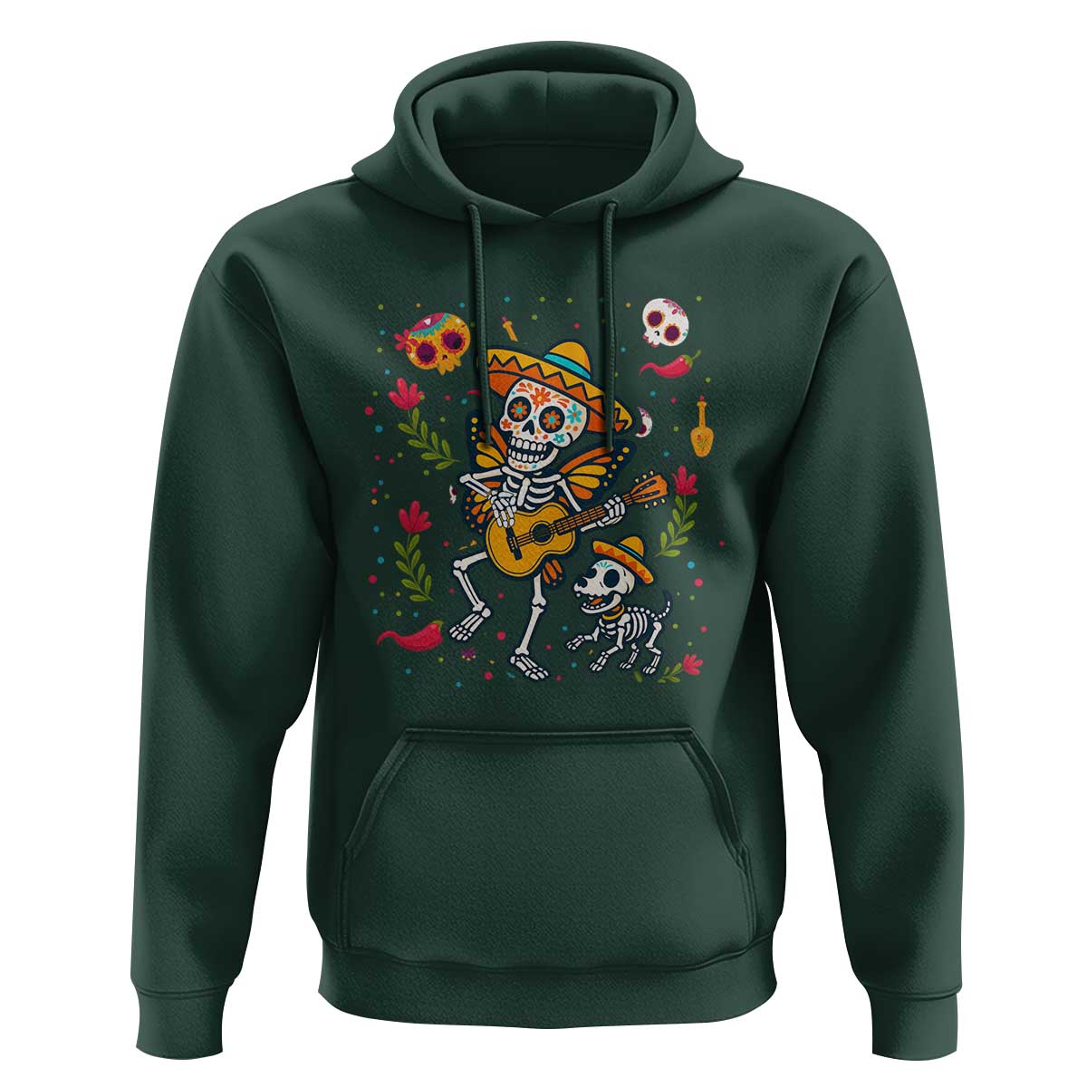 Day Of The Dead Skeleton Hoodie Playing Guitar With Dog Mexican Festival - Wonder Print Shop