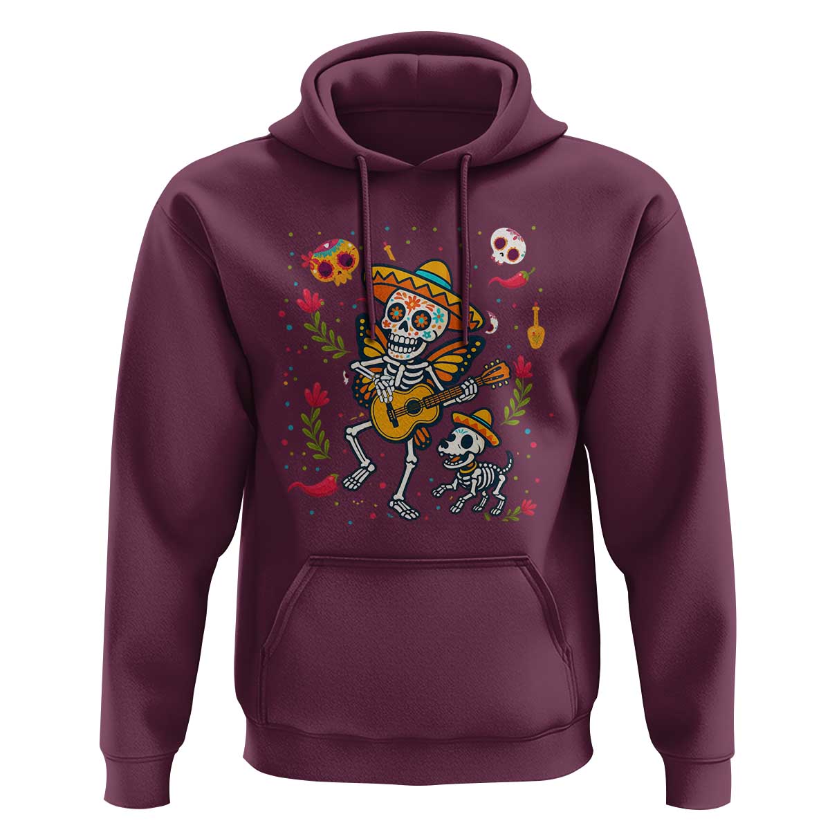 Day Of The Dead Skeleton Hoodie Playing Guitar With Dog Mexican Festival - Wonder Print Shop