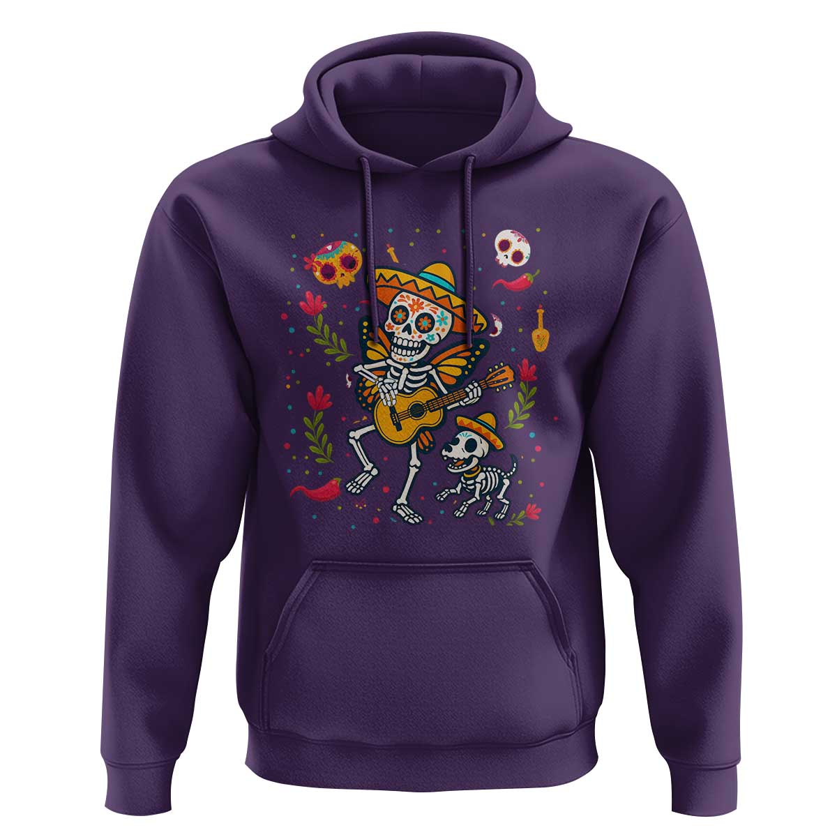 Day Of The Dead Skeleton Hoodie Playing Guitar With Dog Mexican Festival - Wonder Print Shop