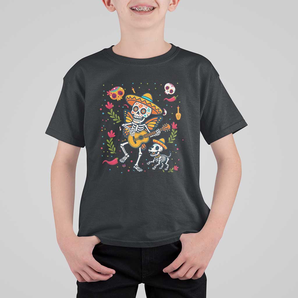 Day Of The Dead Skeleton T Shirt For Kid Playing Guitar With Dog Mexican Festival - Wonder Print Shop