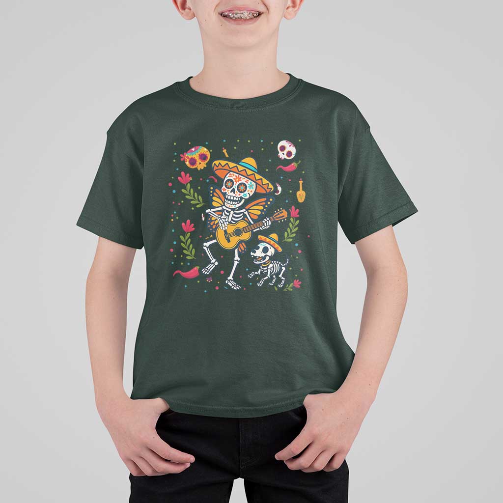 Day Of The Dead Skeleton T Shirt For Kid Playing Guitar With Dog Mexican Festival - Wonder Print Shop
