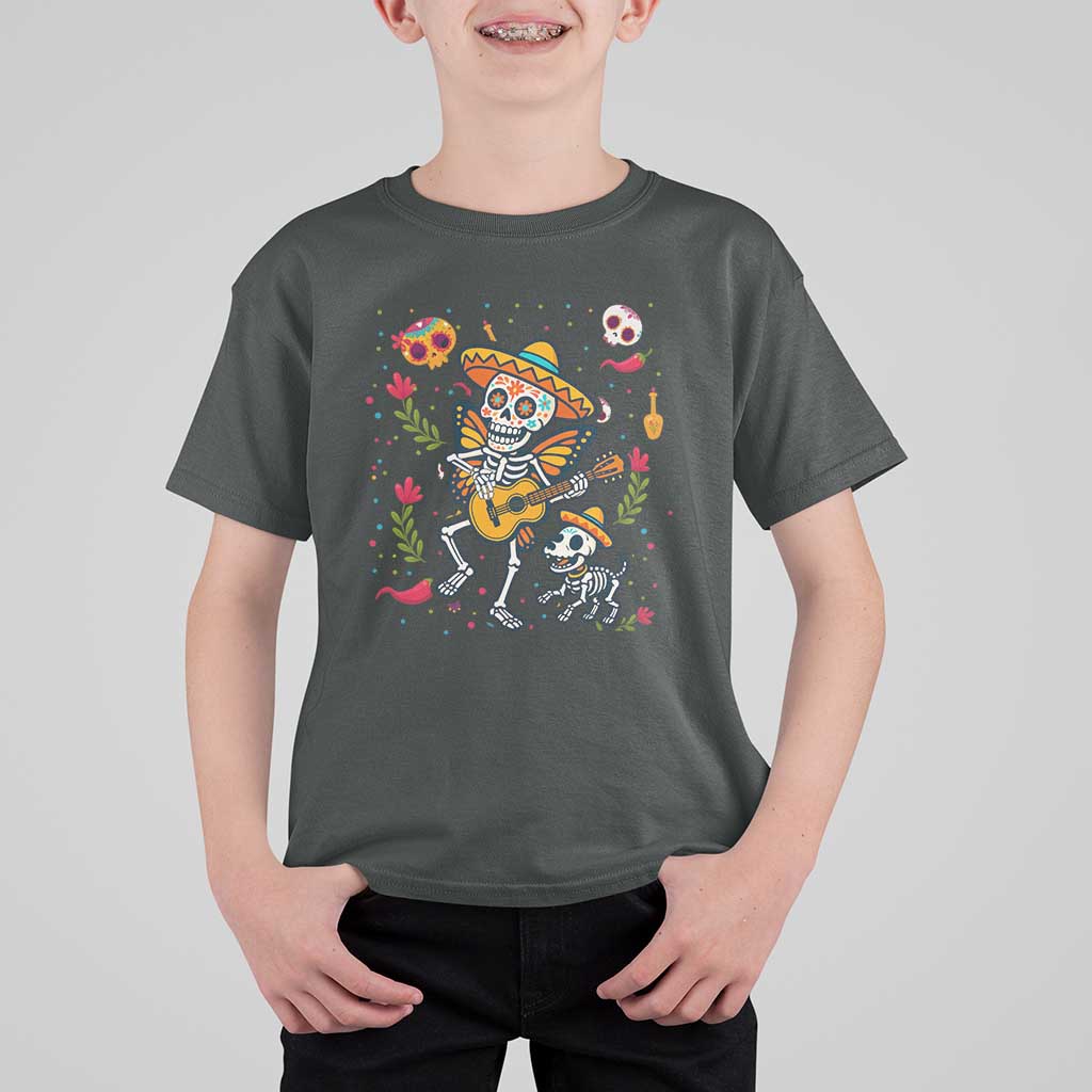 Day Of The Dead Skeleton T Shirt For Kid Playing Guitar With Dog Mexican Festival - Wonder Print Shop