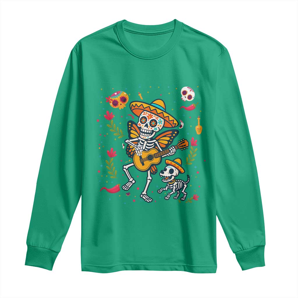 Day Of The Dead Skeleton Long Sleeve Shirt Playing Guitar With Dog Mexican Festival - Wonder Print Shop