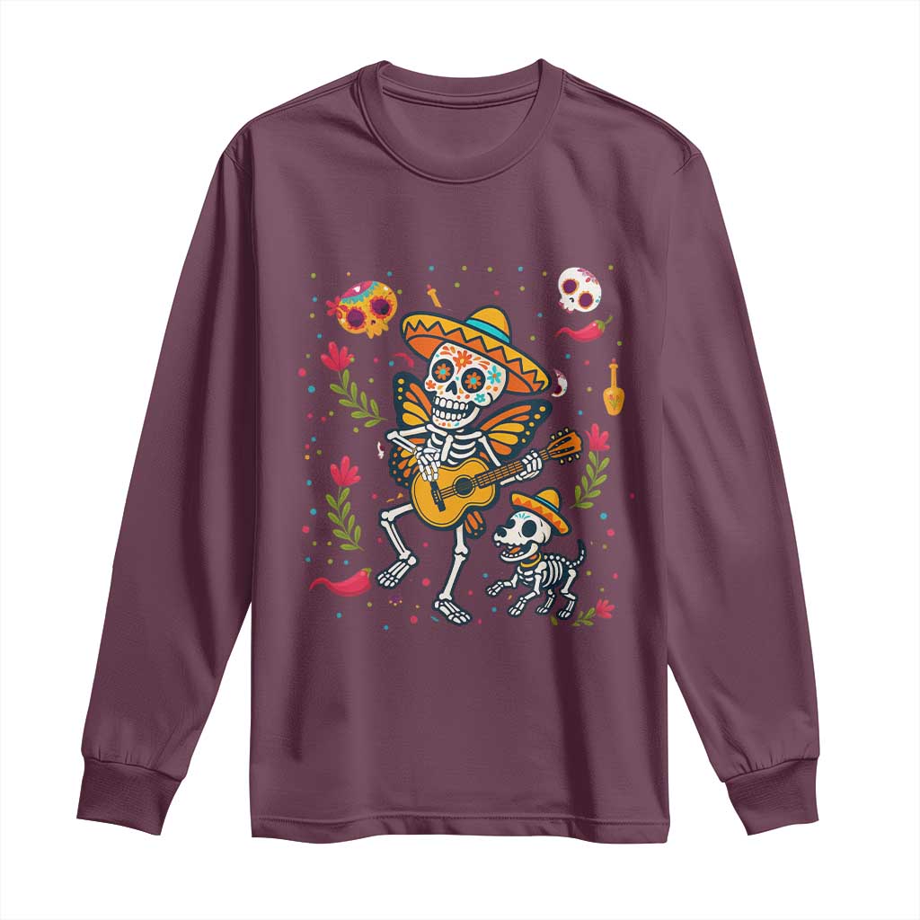 Day Of The Dead Skeleton Long Sleeve Shirt Playing Guitar With Dog Mexican Festival - Wonder Print Shop