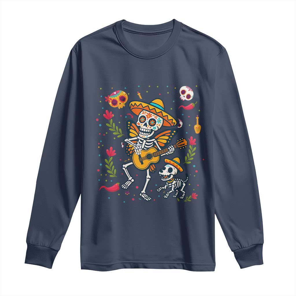 Day Of The Dead Skeleton Long Sleeve Shirt Playing Guitar With Dog Mexican Festival - Wonder Print Shop