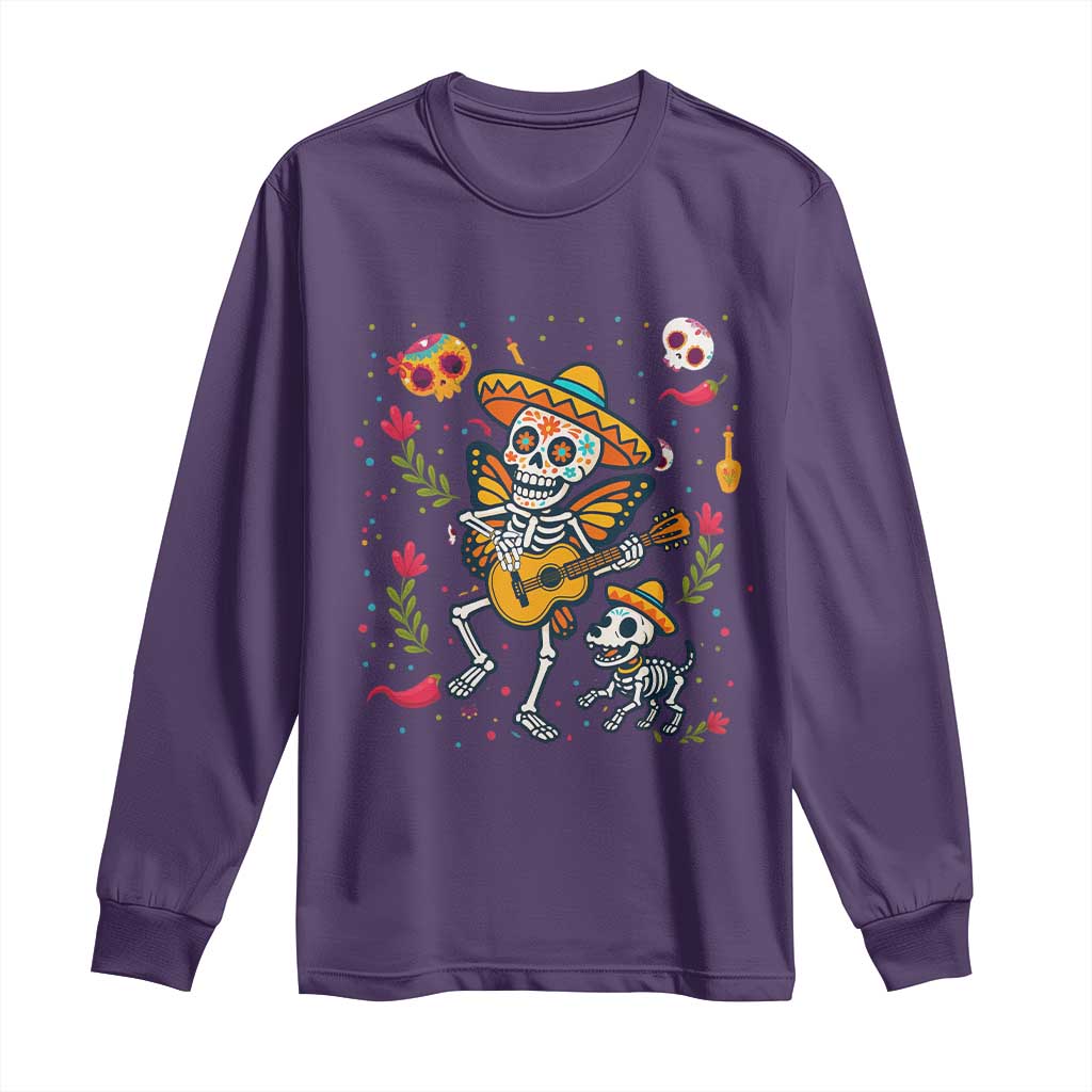 Day Of The Dead Skeleton Long Sleeve Shirt Playing Guitar With Dog Mexican Festival - Wonder Print Shop