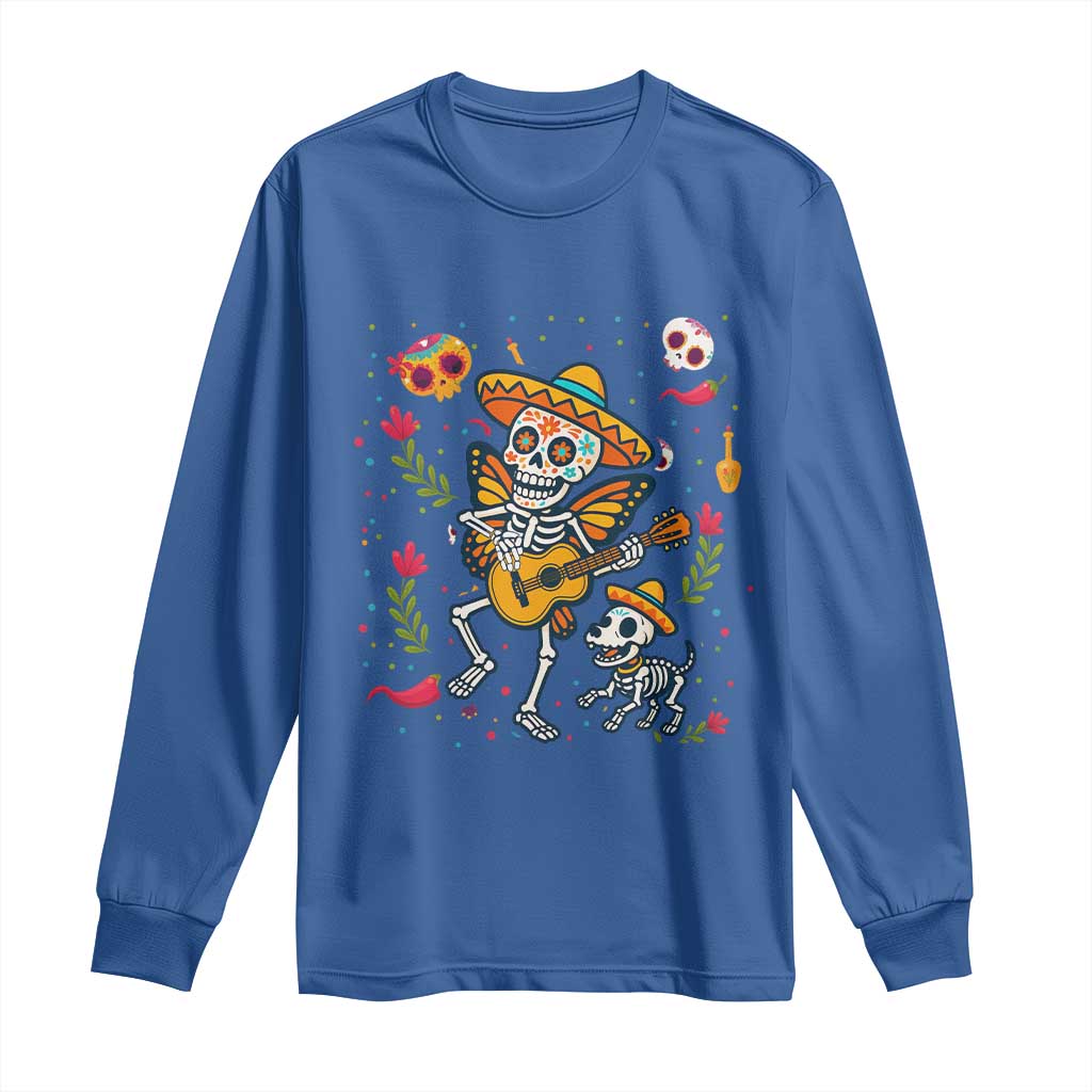 Day Of The Dead Skeleton Long Sleeve Shirt Playing Guitar With Dog Mexican Festival - Wonder Print Shop