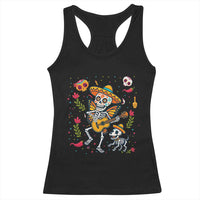 Day Of The Dead Skeleton Racerback Tank Top Playing Guitar With Dog Mexican Festival - Wonder Print Shop