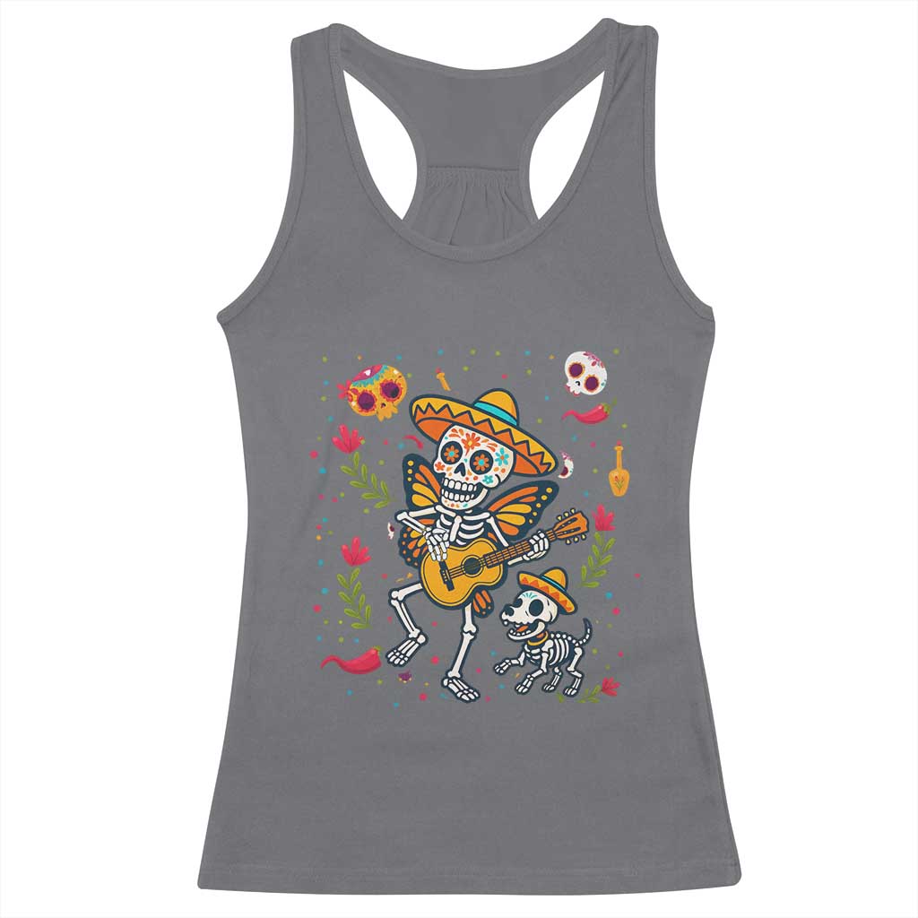 Day Of The Dead Skeleton Racerback Tank Top Playing Guitar With Dog Mexican Festival - Wonder Print Shop