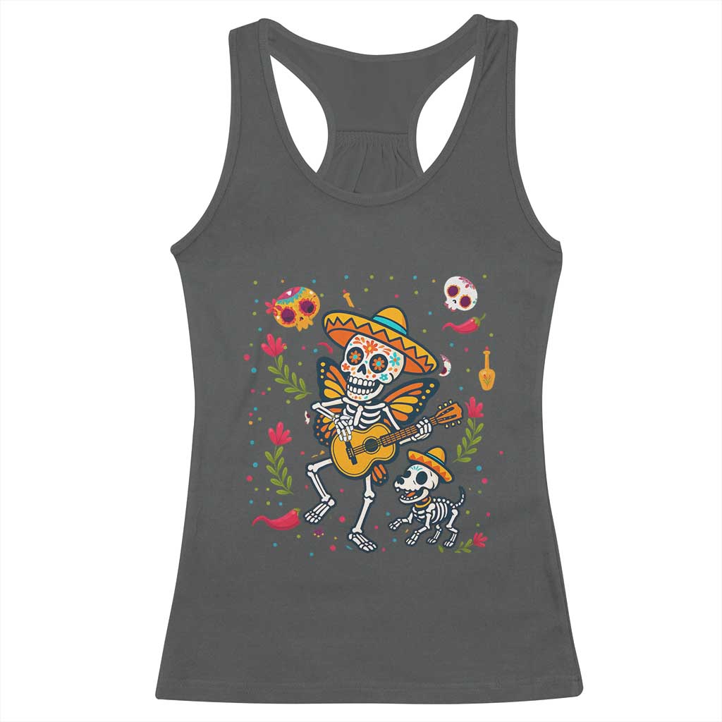 Day Of The Dead Skeleton Racerback Tank Top Playing Guitar With Dog Mexican Festival - Wonder Print Shop