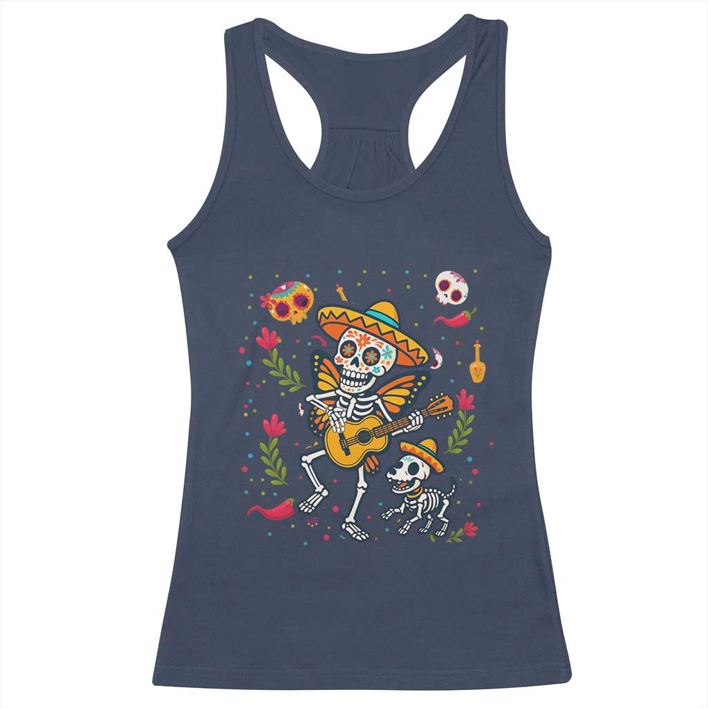Day Of The Dead Skeleton Racerback Tank Top Playing Guitar With Dog Mexican Festival - Wonder Print Shop