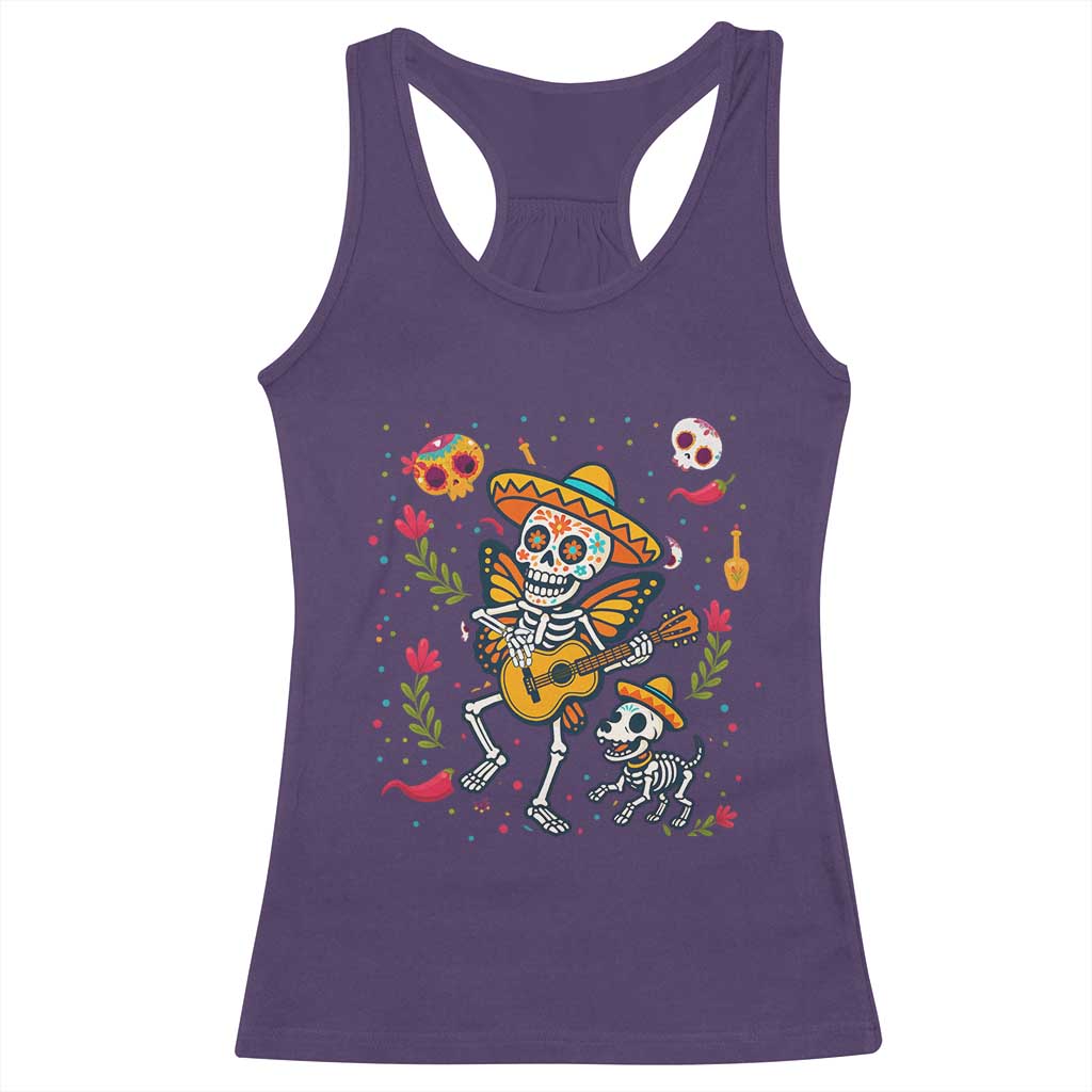 Day Of The Dead Skeleton Racerback Tank Top Playing Guitar With Dog Mexican Festival - Wonder Print Shop