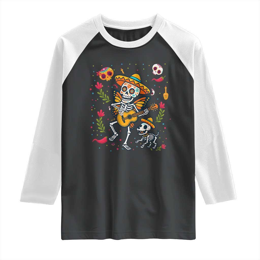 Day Of The Dead Skeleton Raglan Shirt Playing Guitar With Dog Mexican Festival - Wonder Print Shop