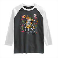 Day Of The Dead Skeleton Raglan Shirt Playing Guitar With Dog Mexican Festival - Wonder Print Shop