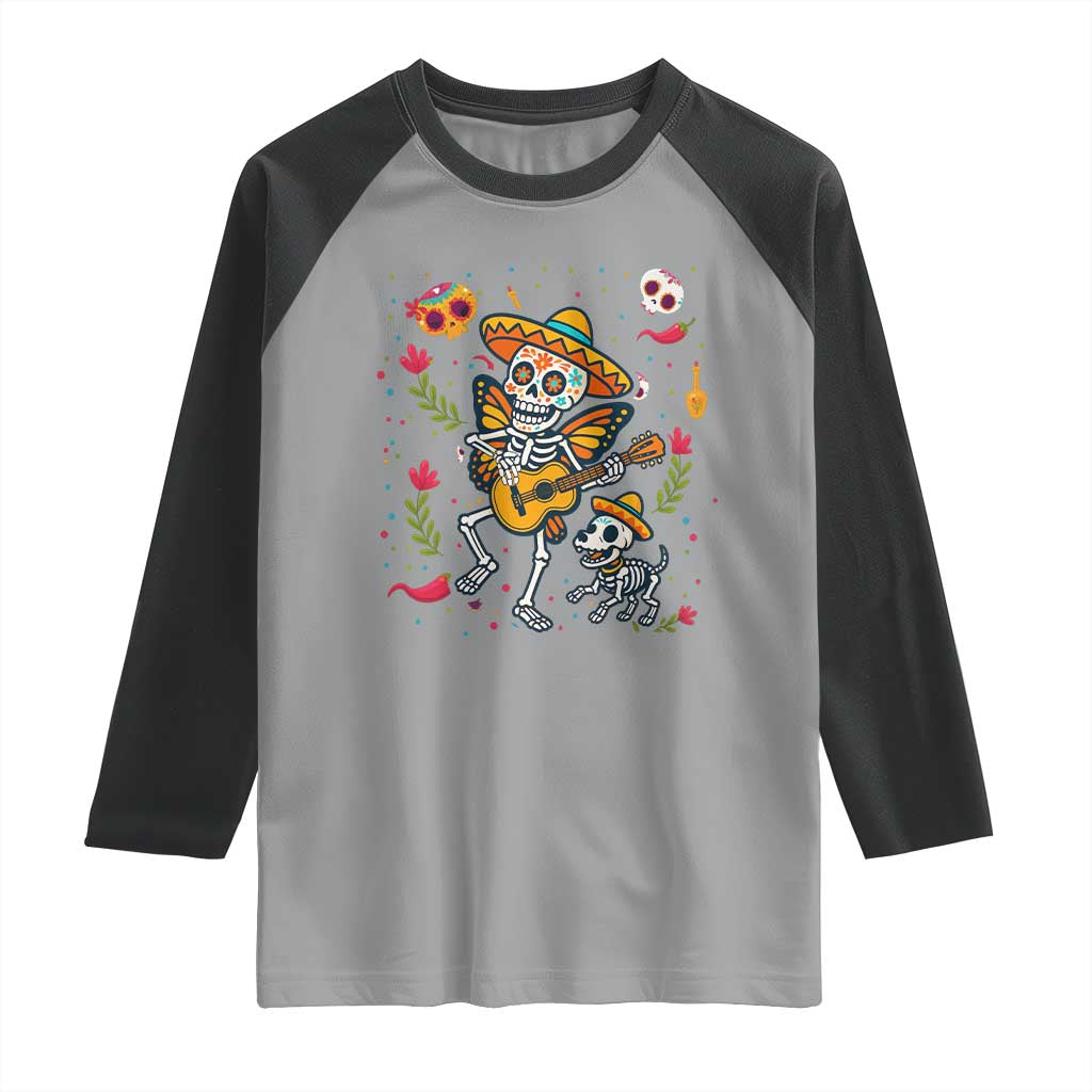 Day Of The Dead Skeleton Raglan Shirt Playing Guitar With Dog Mexican Festival - Wonder Print Shop