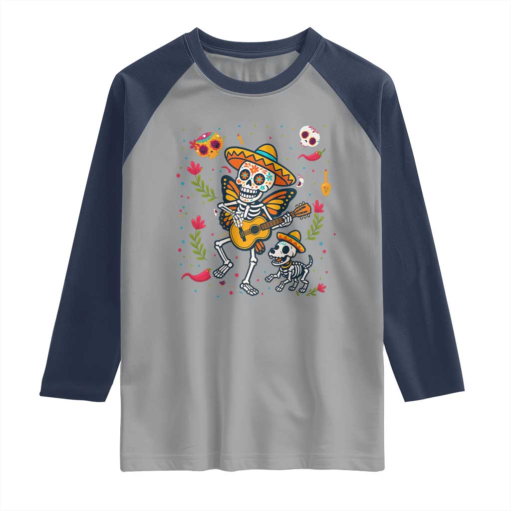 Day Of The Dead Skeleton Raglan Shirt Playing Guitar With Dog Mexican Festival - Wonder Print Shop