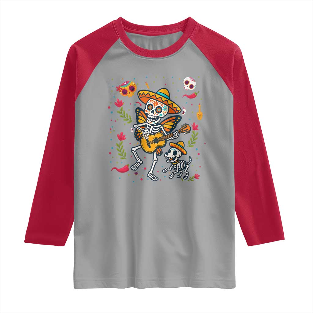 Day Of The Dead Skeleton Raglan Shirt Playing Guitar With Dog Mexican Festival - Wonder Print Shop