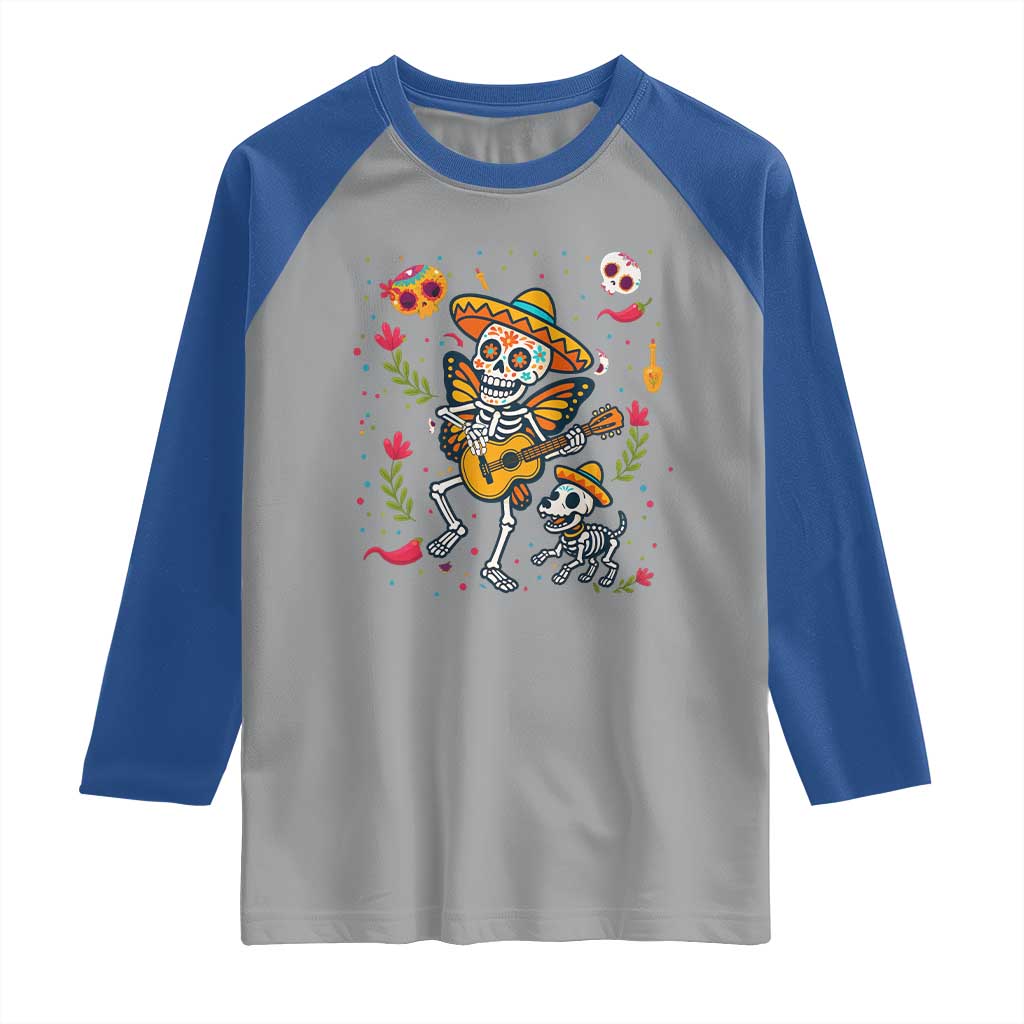 Day Of The Dead Skeleton Raglan Shirt Playing Guitar With Dog Mexican Festival - Wonder Print Shop