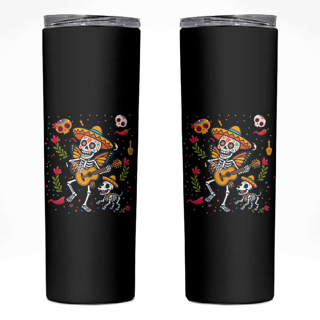 Day Of The Dead Skeleton Skinny Tumbler Playing Guitar With Dog Mexican Festival
