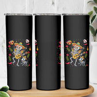 Day Of The Dead Skeleton Skinny Tumbler Playing Guitar With Dog Mexican Festival