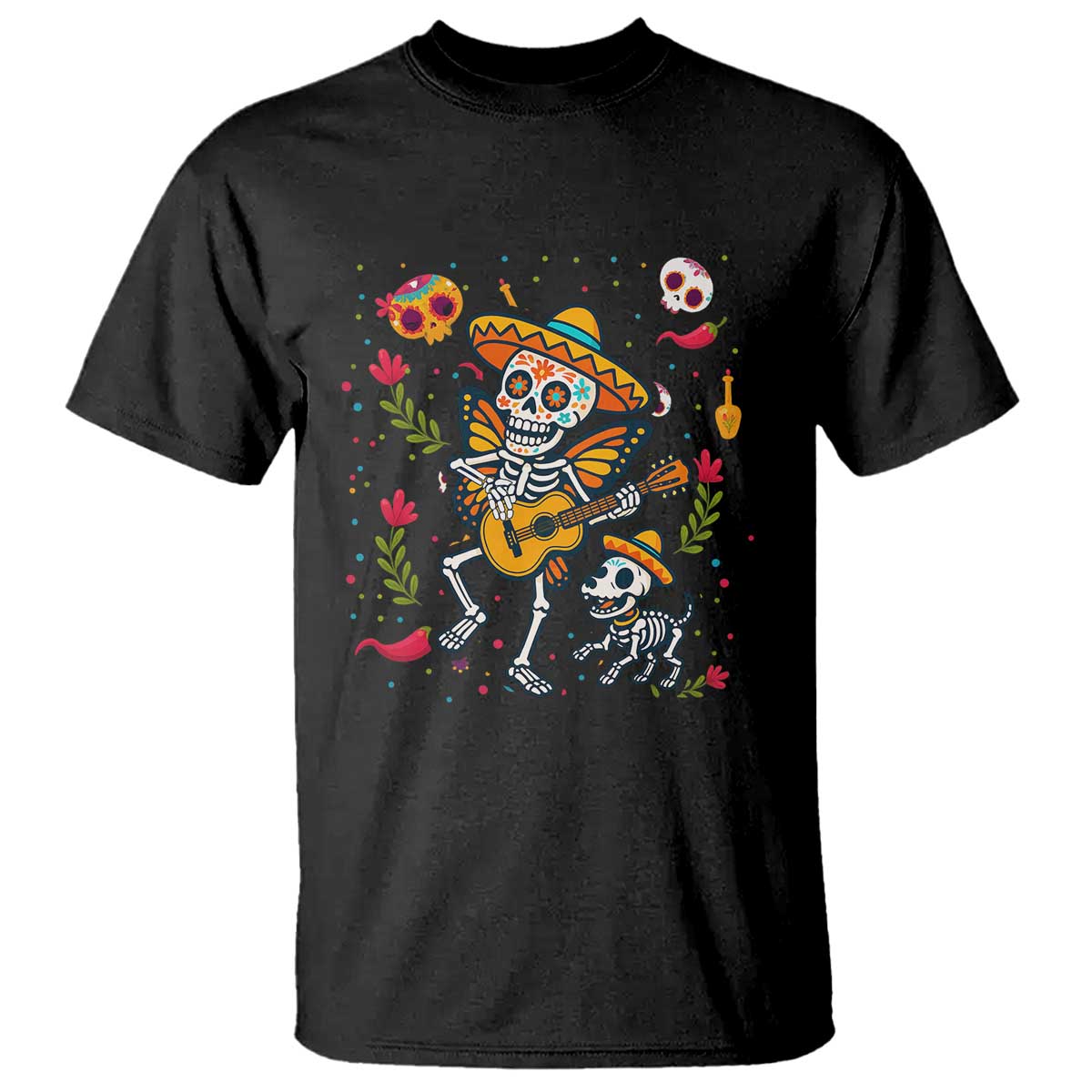 Day Of The Dead Skeleton T Shirt Playing Guitar With Dog Mexican Festival - Wonder Print Shop