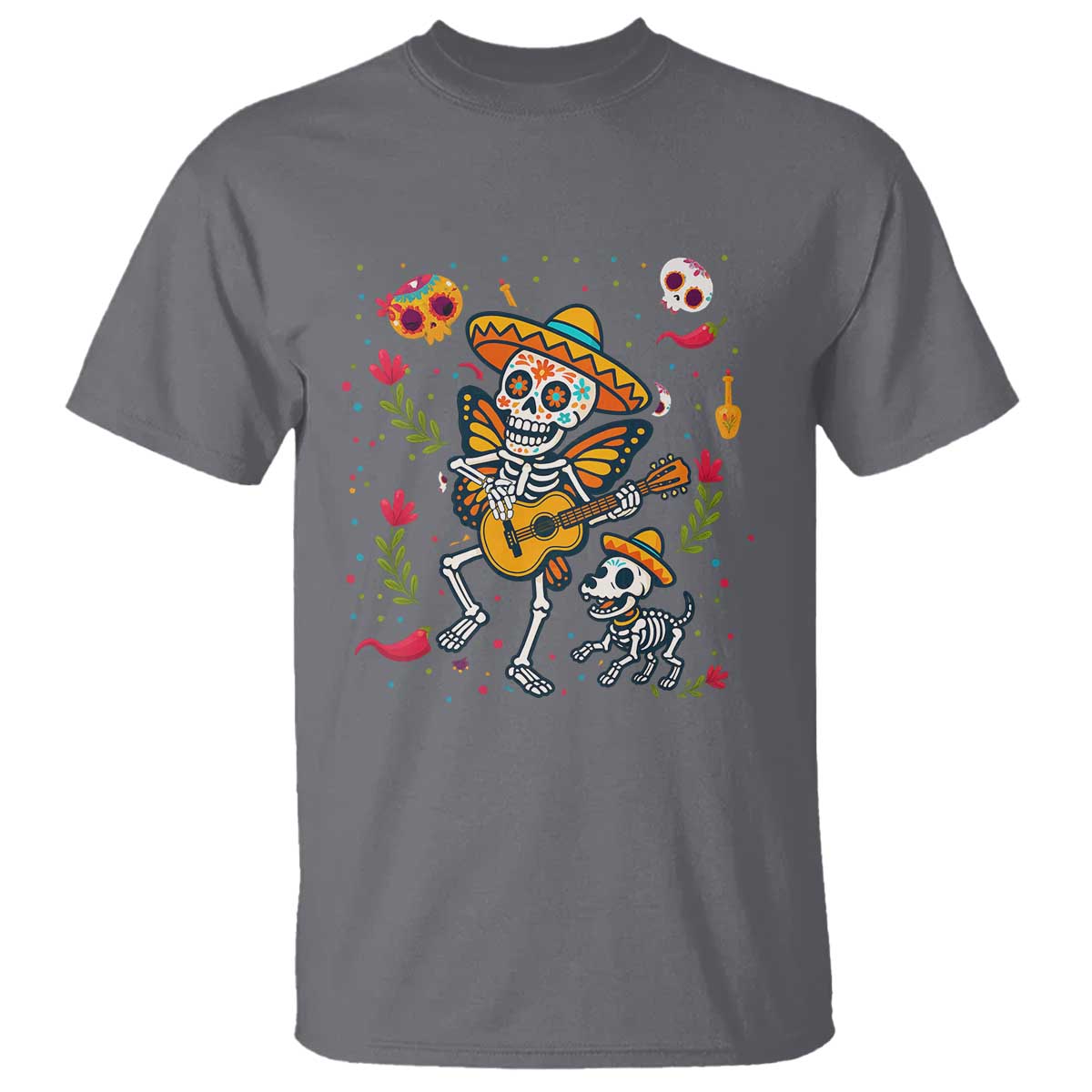 Day Of The Dead Skeleton T Shirt Playing Guitar With Dog Mexican Festival - Wonder Print Shop