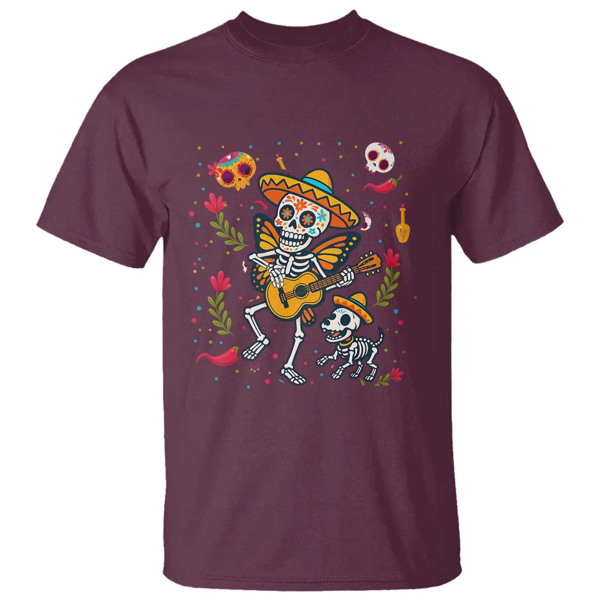 Day Of The Dead Skeleton T Shirt Playing Guitar With Dog Mexican Festival - Wonder Print Shop