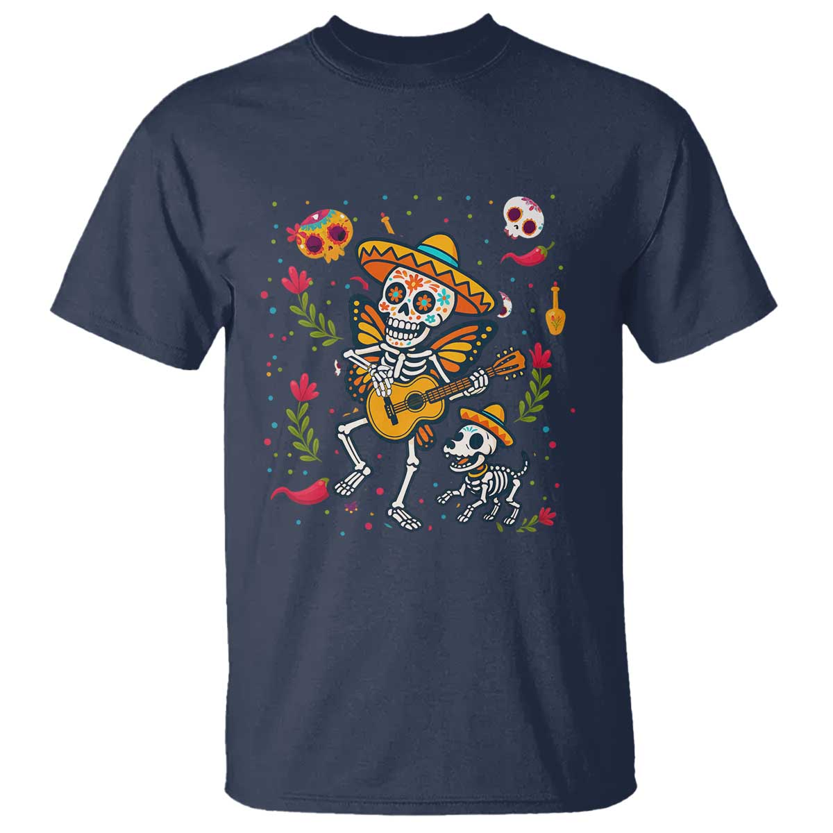 Day Of The Dead Skeleton T Shirt Playing Guitar With Dog Mexican Festival - Wonder Print Shop