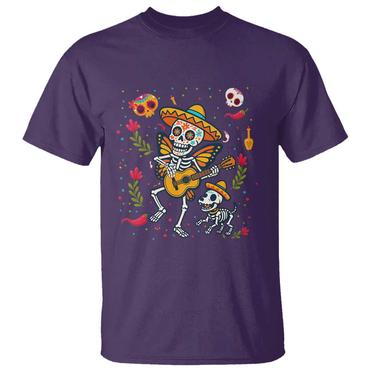 Day Of The Dead Skeleton T Shirt Playing Guitar With Dog Mexican Festival - Wonder Print Shop