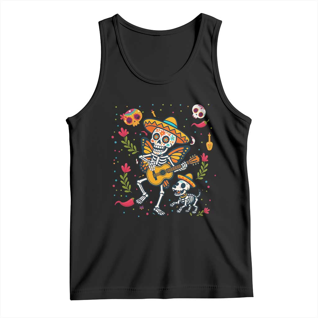 Day of the Dead Skeleton Tank Top Playing Guitar With Dog Mexican Festival - Wonder Print Shop