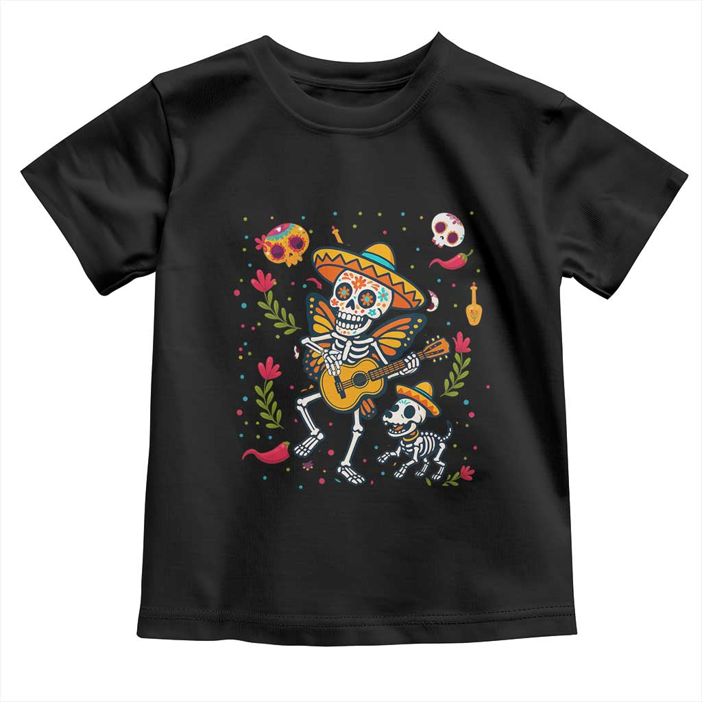 Day Of The Dead Skeleton Toddler T Shirt Playing Guitar With Dog Mexican Festival - Wonder Print Shop