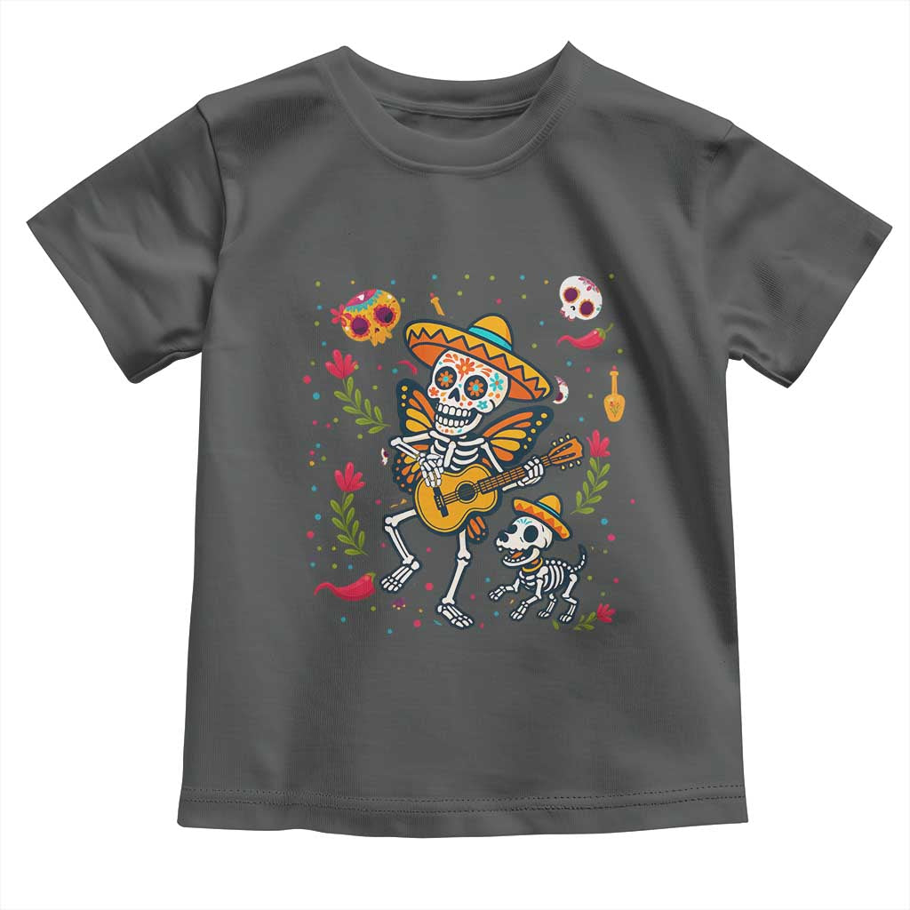 Day Of The Dead Skeleton Toddler T Shirt Playing Guitar With Dog Mexican Festival - Wonder Print Shop