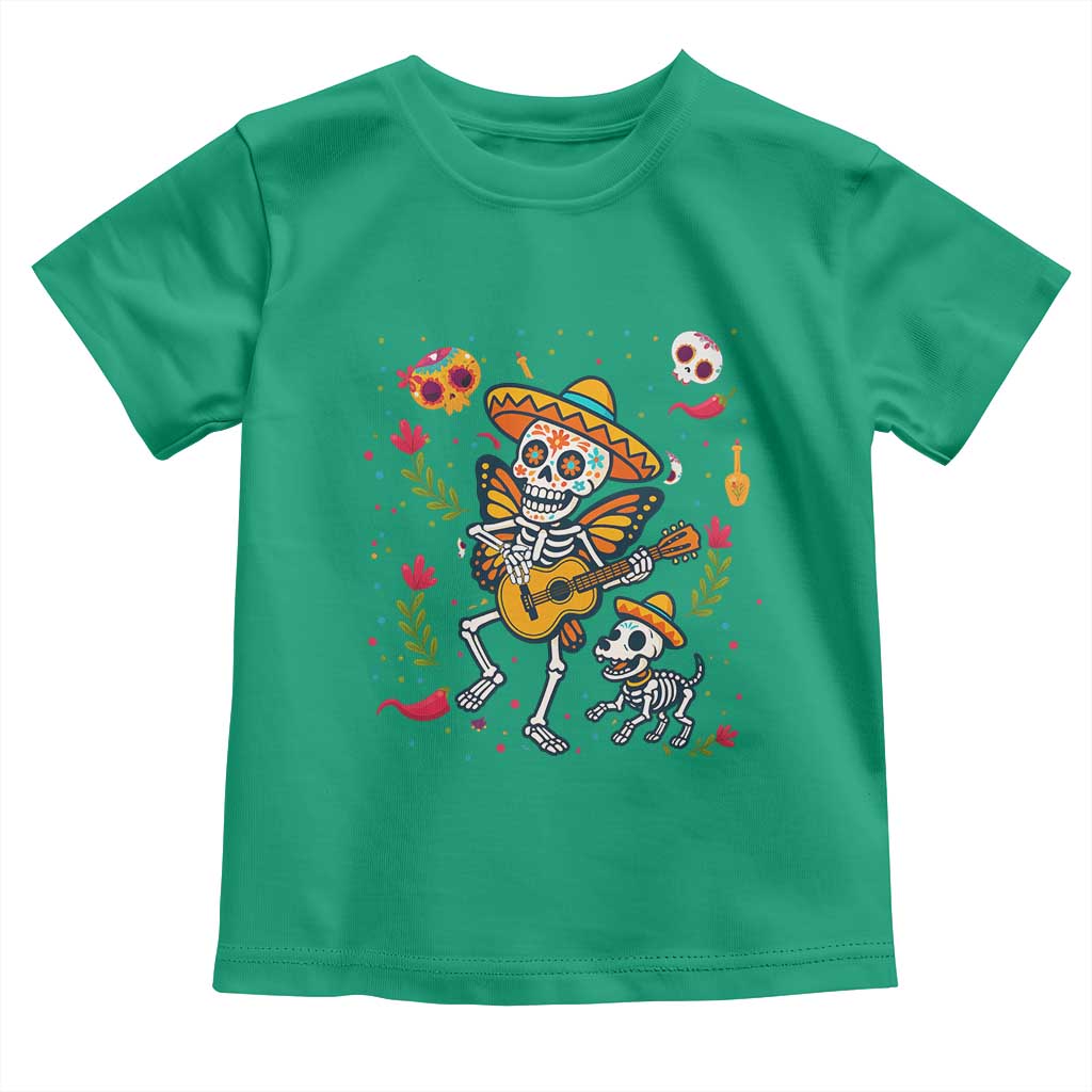 Day Of The Dead Skeleton Toddler T Shirt Playing Guitar With Dog Mexican Festival - Wonder Print Shop