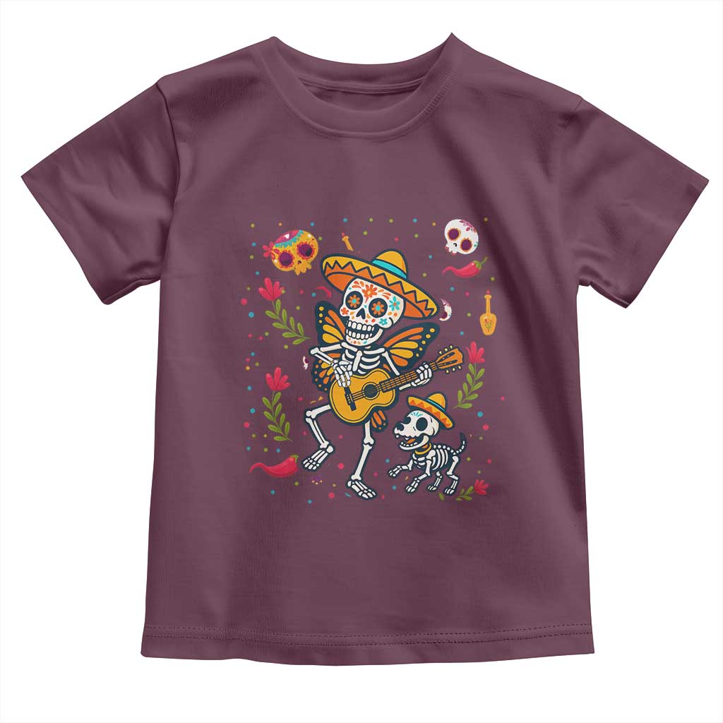 Day Of The Dead Skeleton Toddler T Shirt Playing Guitar With Dog Mexican Festival - Wonder Print Shop