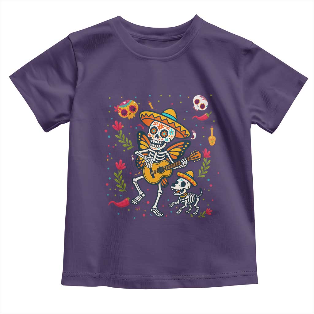 Day Of The Dead Skeleton Toddler T Shirt Playing Guitar With Dog Mexican Festival - Wonder Print Shop