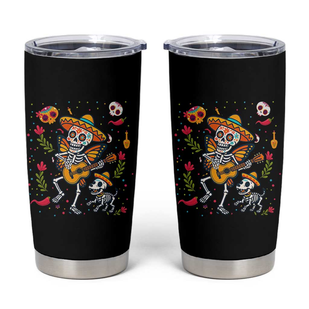 Day Of The Dead Skeleton Tumbler Cup Playing Guitar With Dog Mexican Festival