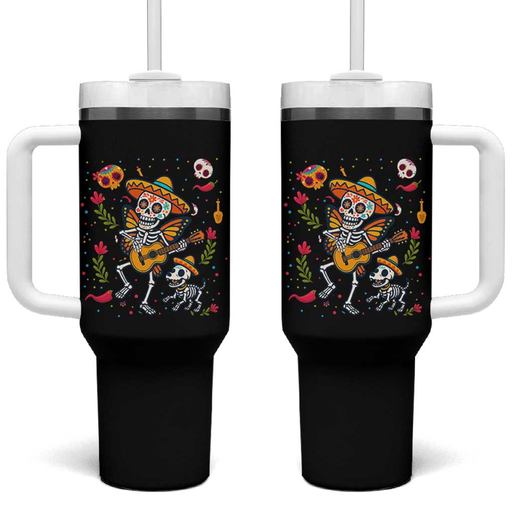 Day Of The Dead Skeleton Tumbler With Handle Playing Guitar With Dog Mexican Festival