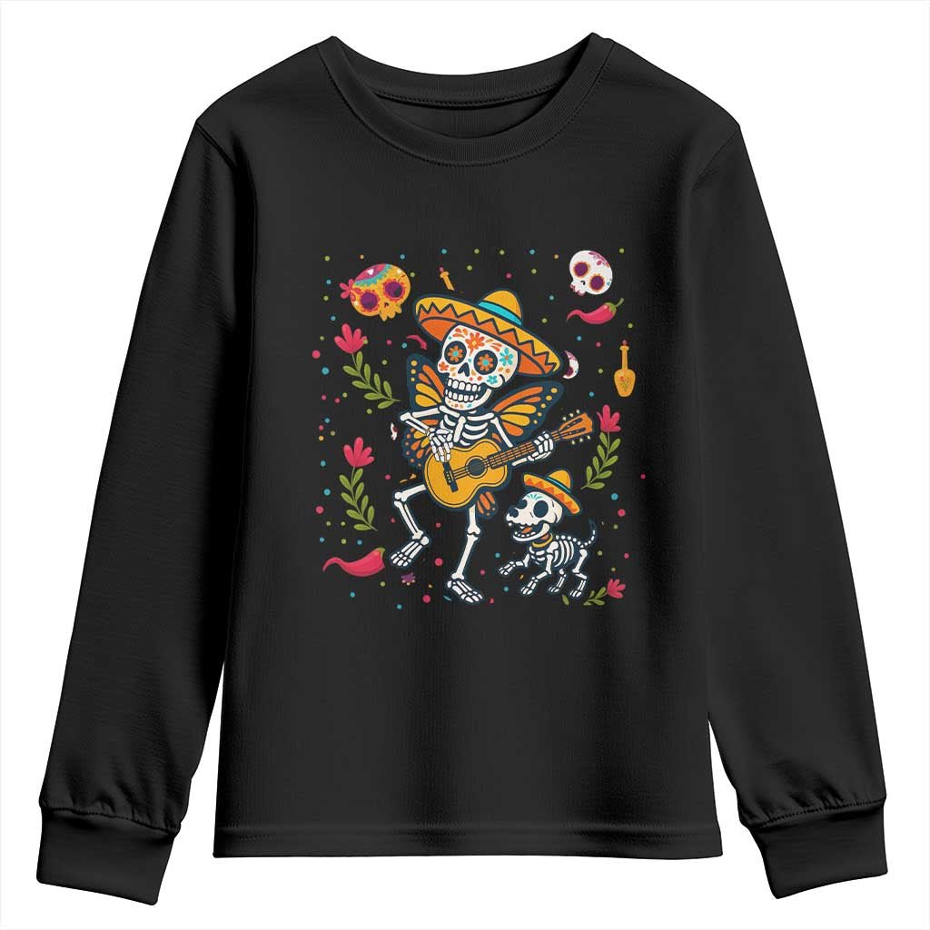 Day Of The Dead Skeleton Youth Sweatshirt Playing Guitar With Dog Mexican Festival - Wonder Print Shop