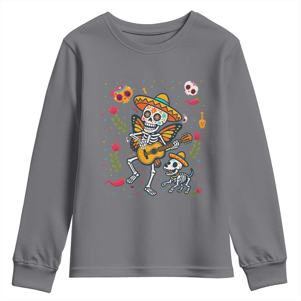 Day Of The Dead Skeleton Youth Sweatshirt Playing Guitar With Dog Mexican Festival - Wonder Print Shop