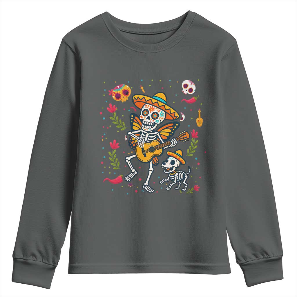 Day Of The Dead Skeleton Youth Sweatshirt Playing Guitar With Dog Mexican Festival - Wonder Print Shop