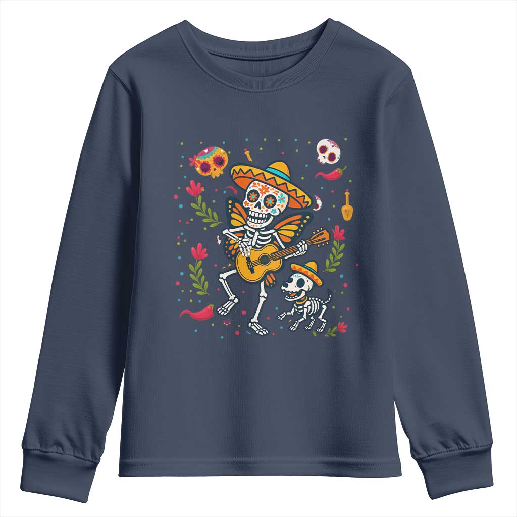 Day Of The Dead Skeleton Youth Sweatshirt Playing Guitar With Dog Mexican Festival - Wonder Print Shop