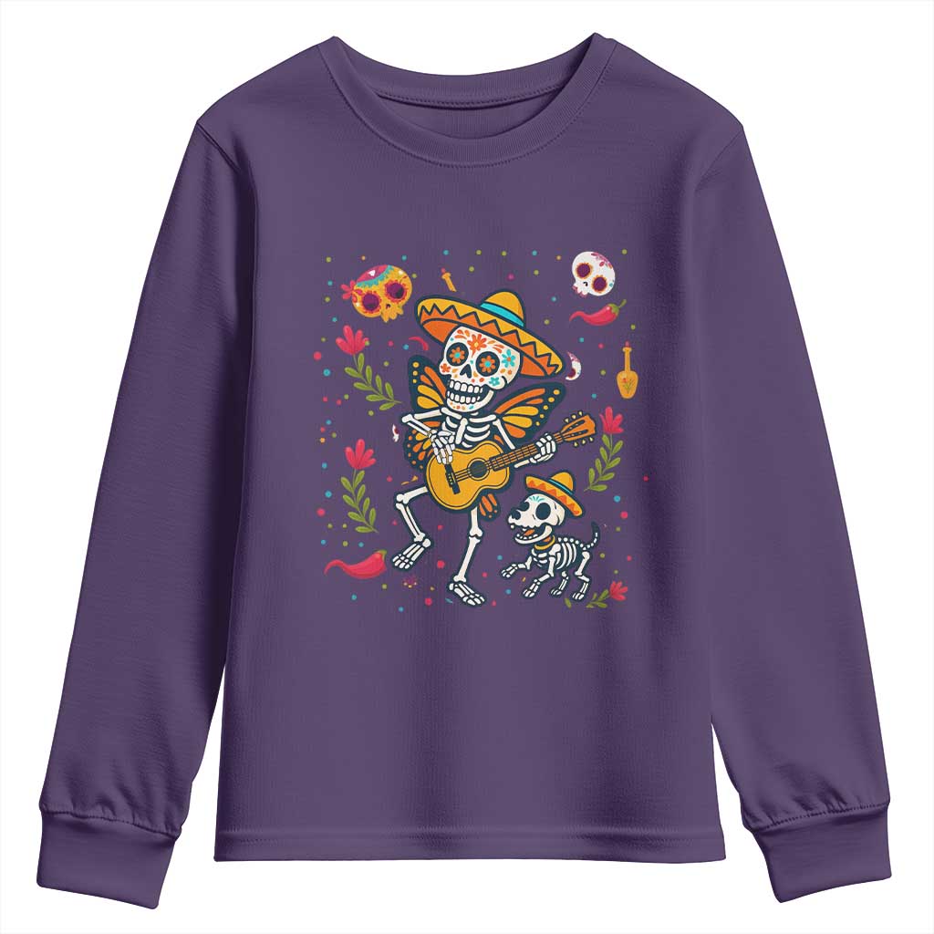 Day Of The Dead Skeleton Youth Sweatshirt Playing Guitar With Dog Mexican Festival - Wonder Print Shop