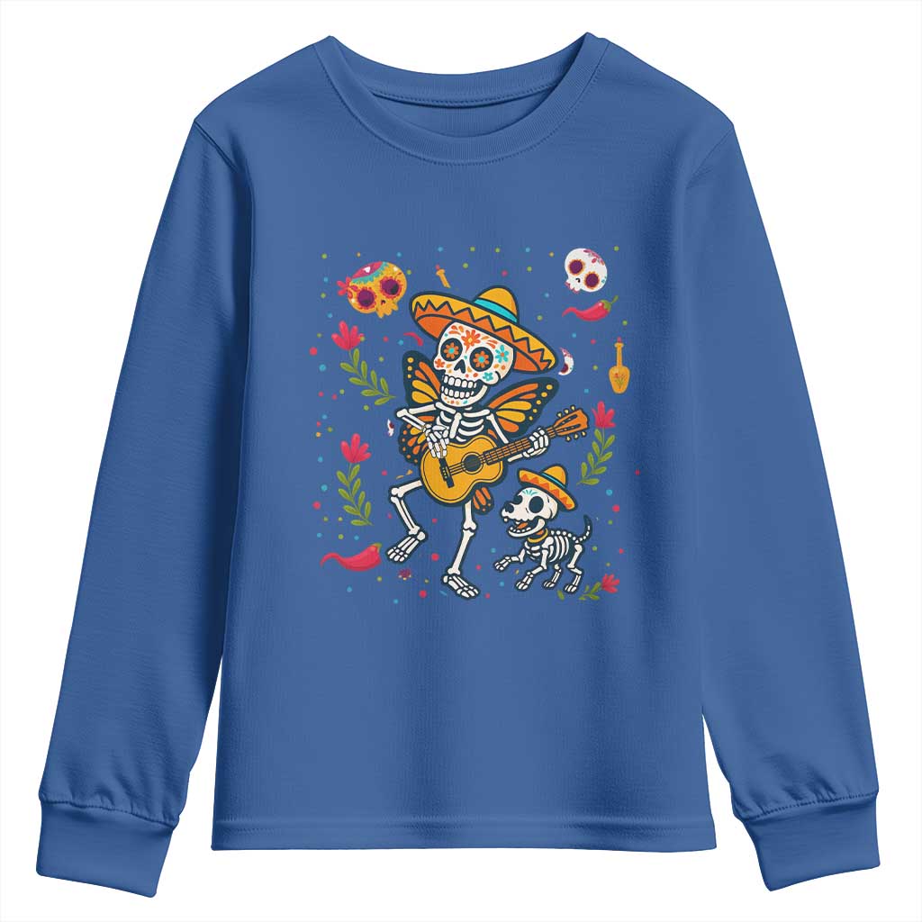 Day Of The Dead Skeleton Youth Sweatshirt Playing Guitar With Dog Mexican Festival - Wonder Print Shop