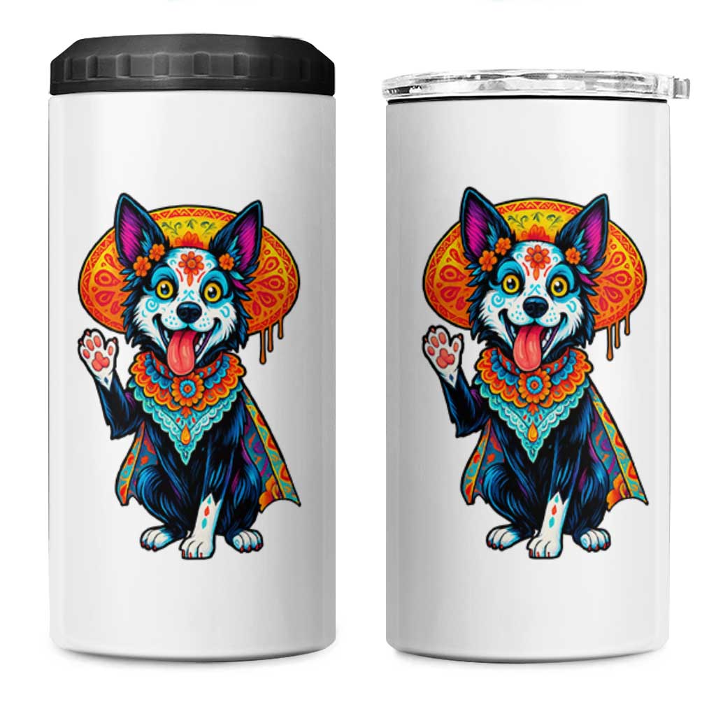 Dia De Los Muertos Border Collie 4 in 1 Can Cooler Tumbler Sugar Skull Dog Day Of The Dead Gift