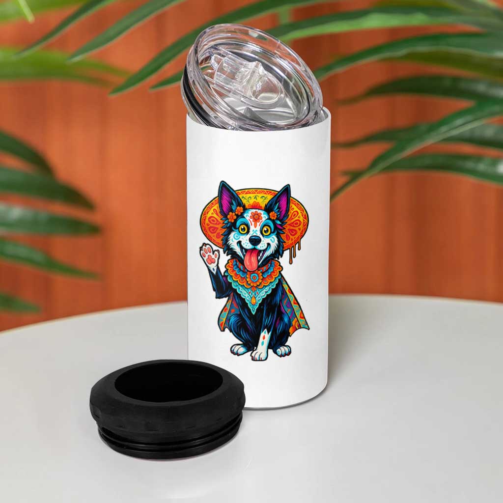Dia De Los Muertos Border Collie 4 in 1 Can Cooler Tumbler Sugar Skull Dog Day Of The Dead Gift