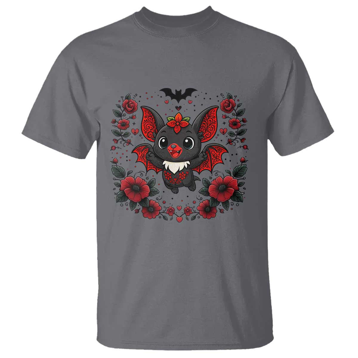 Cute Bat Floral Folk Art T Shirt Gothic Spooky Dia De Los Muertos Gift