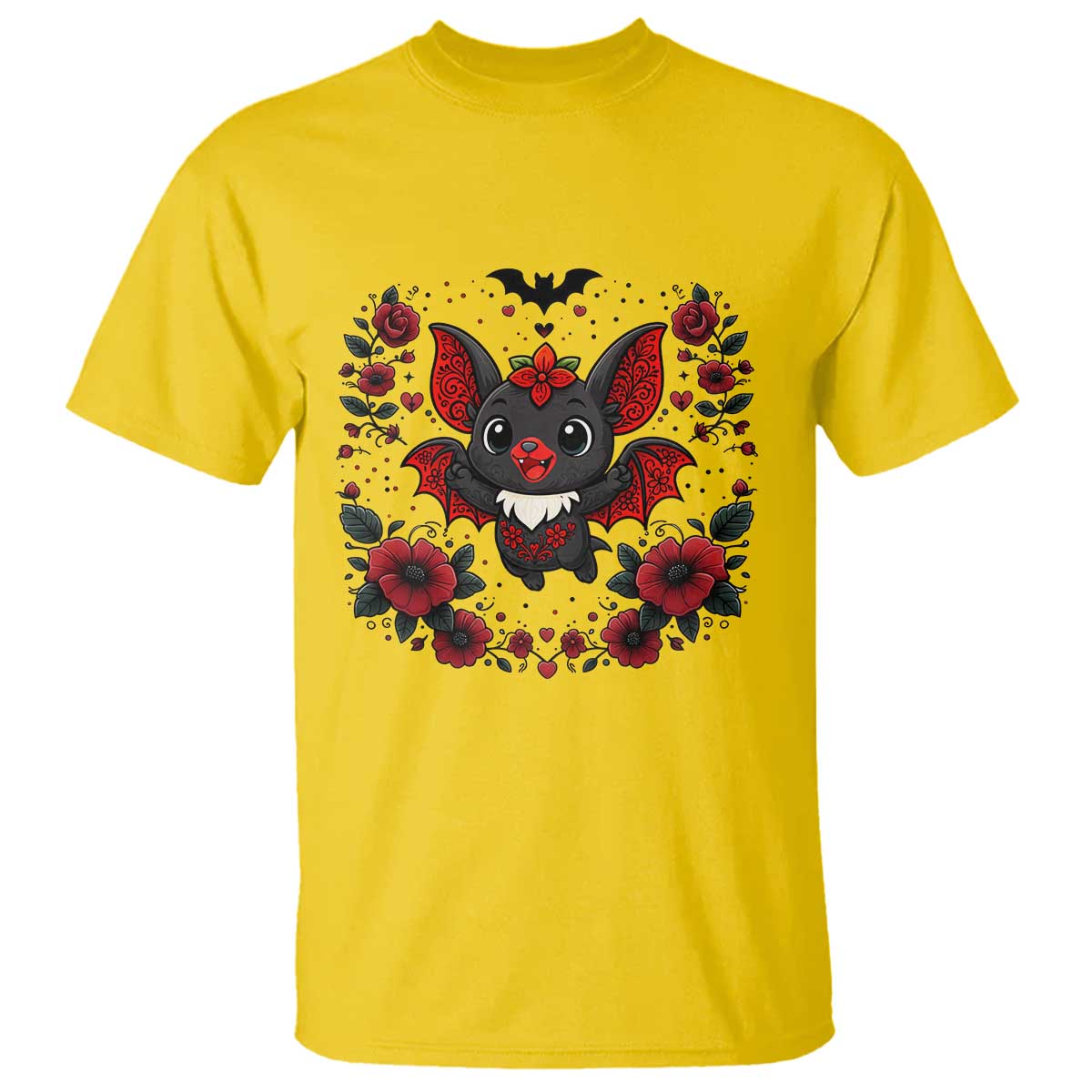 Cute Bat Floral Folk Art T Shirt Gothic Spooky Dia De Los Muertos Gift